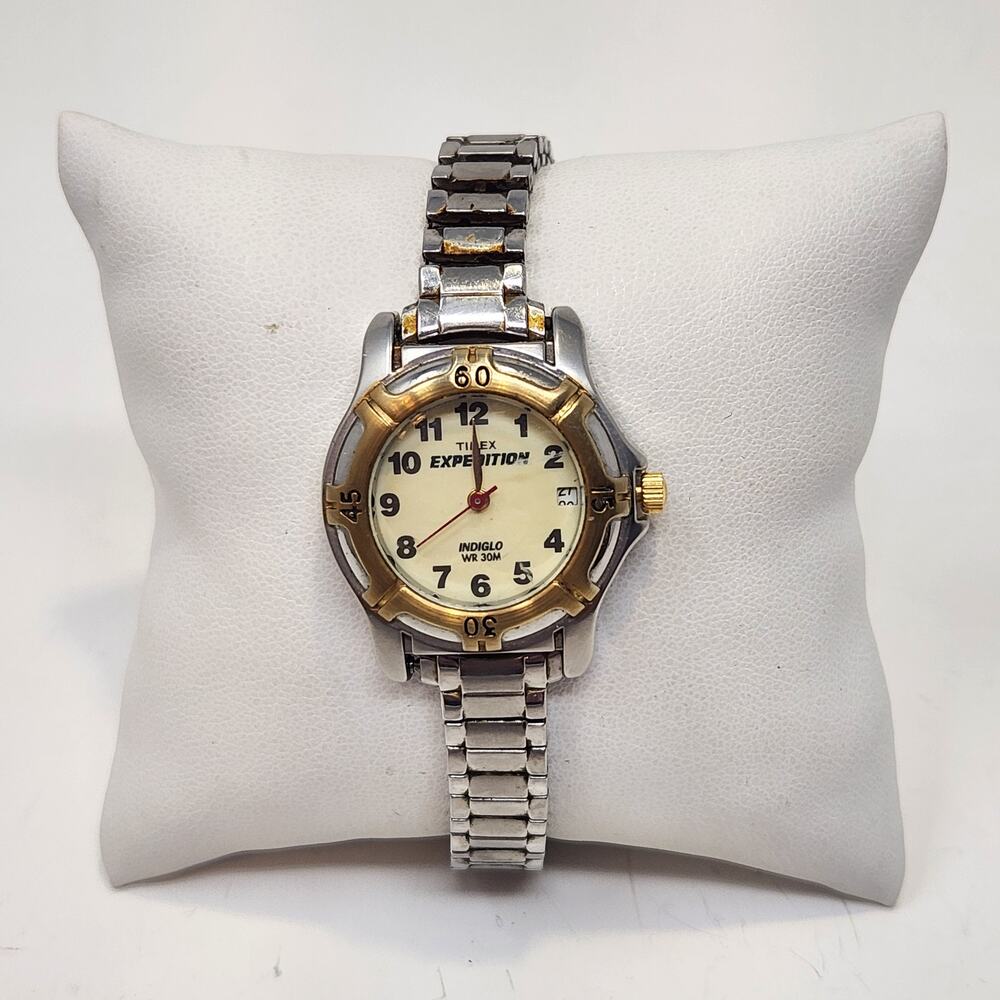 Timex Expedition Indiglo Ladies Watch Wristwatch Stretch Band Silver Gold Tone